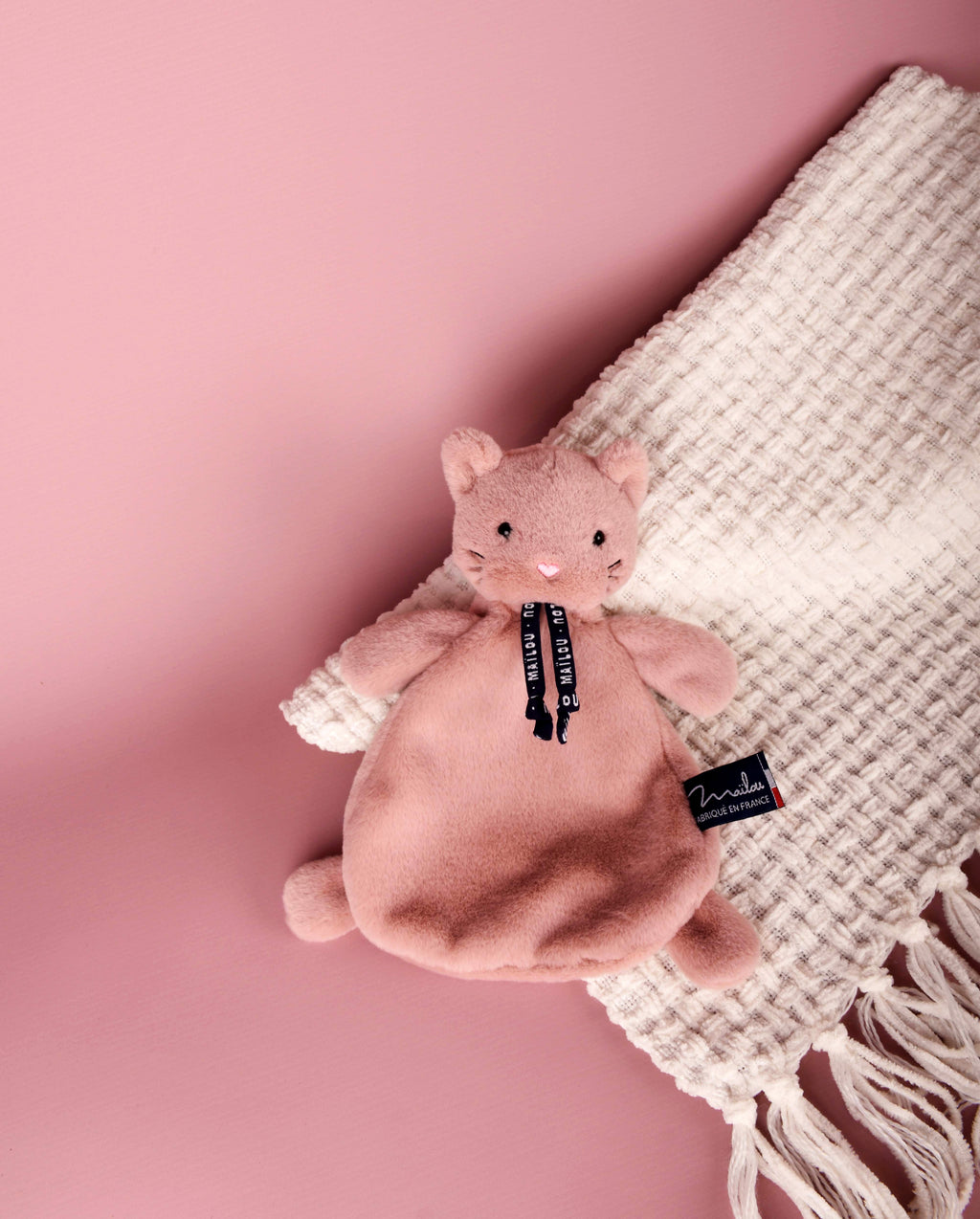 Doudou marionnette Chat rose tout doux - Origine Bretagne