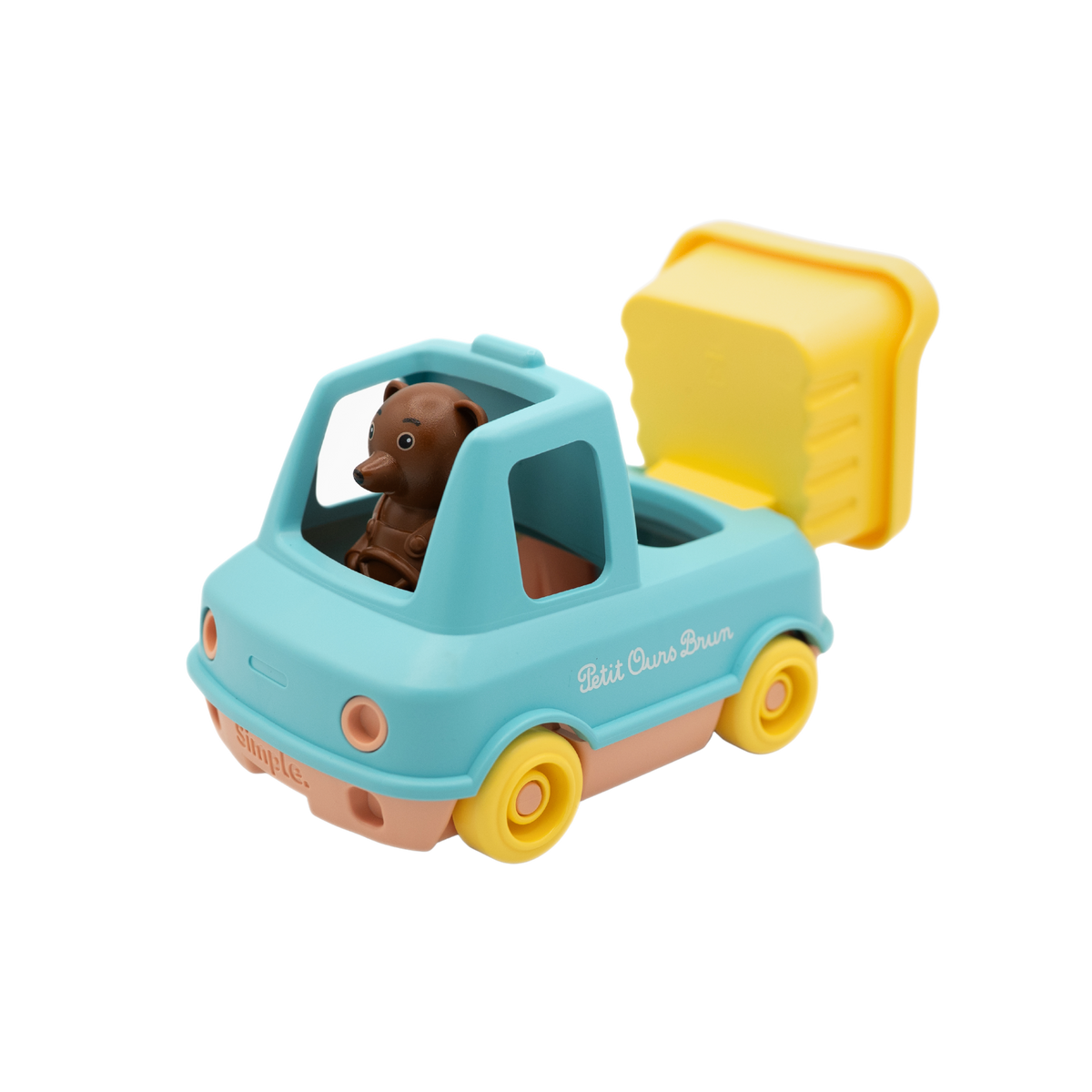 jouet camion benne de petit ours brun vu de côté avec sa figurine petit ours brun 