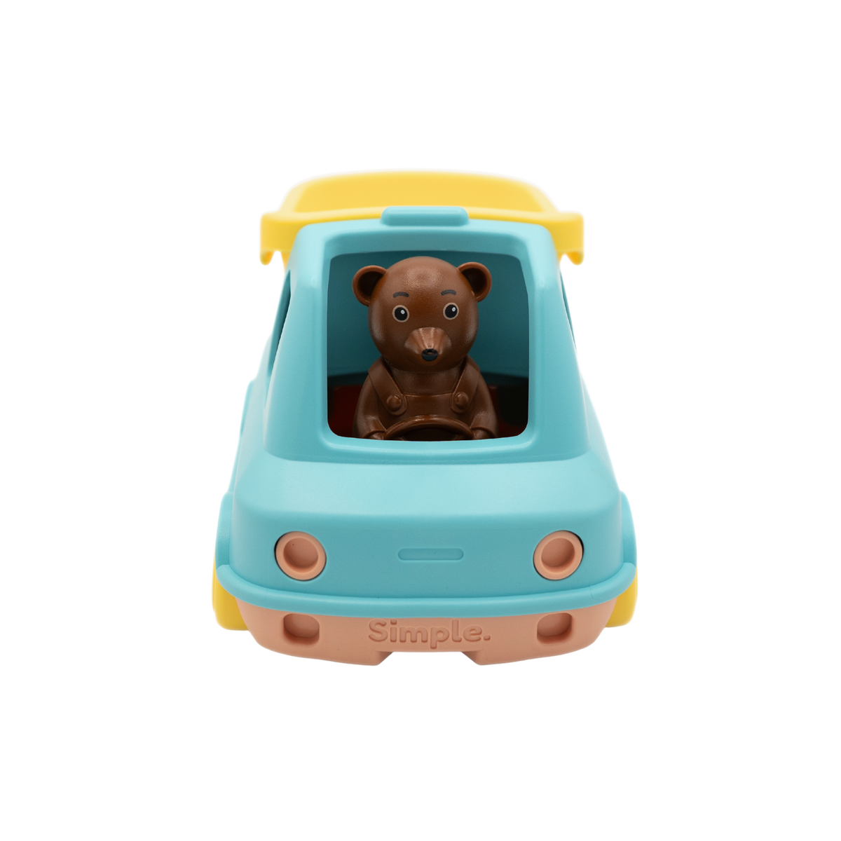 jouet camion benne de petit ours brun vu de face avec sa figurine petit ours brun 