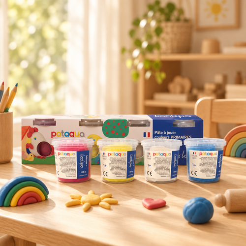 Pâte à modeler végétale Made in France, pack 4 pots couleurs primaires